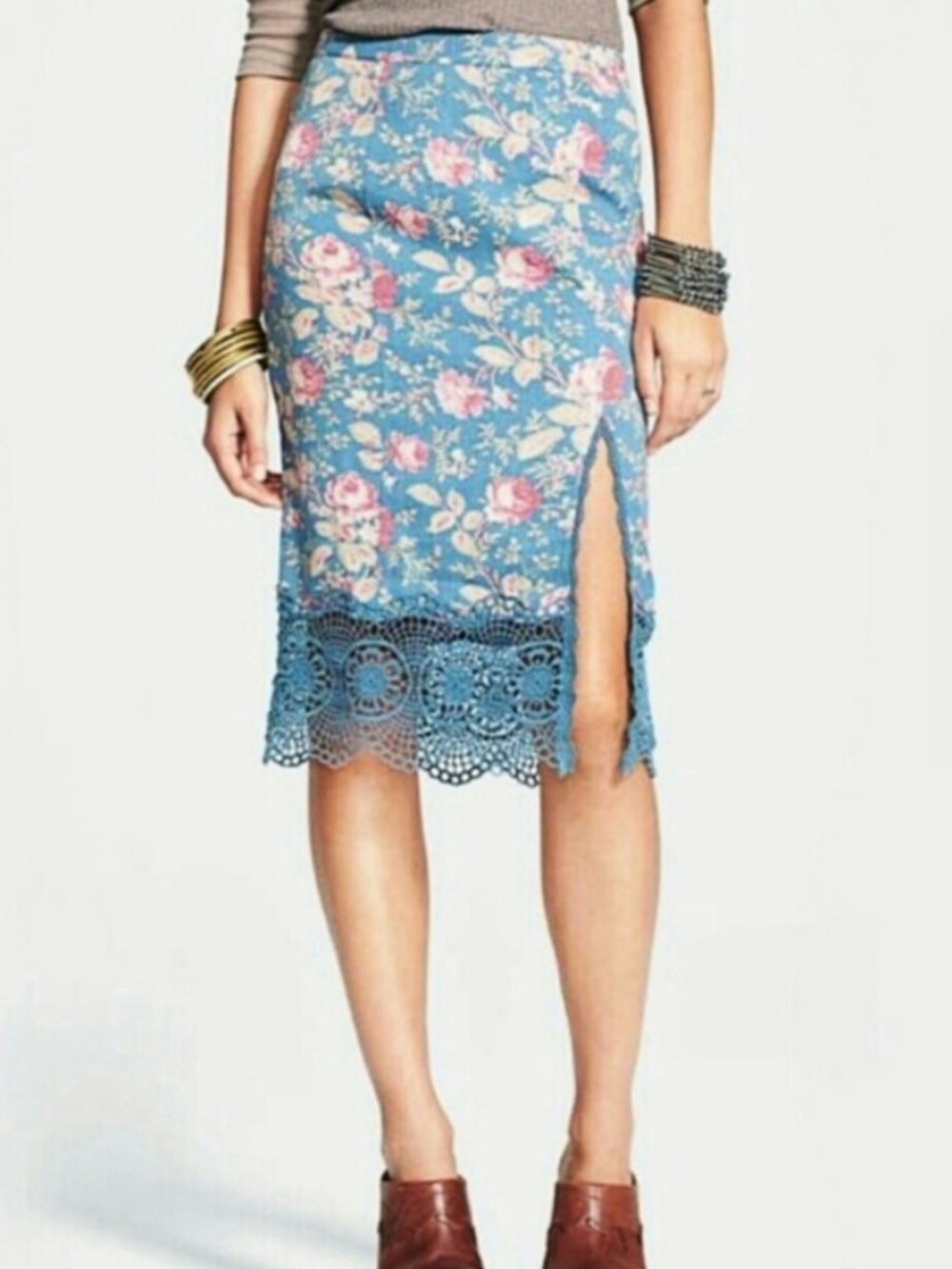 Free People floral & lace pencil skirt with slit